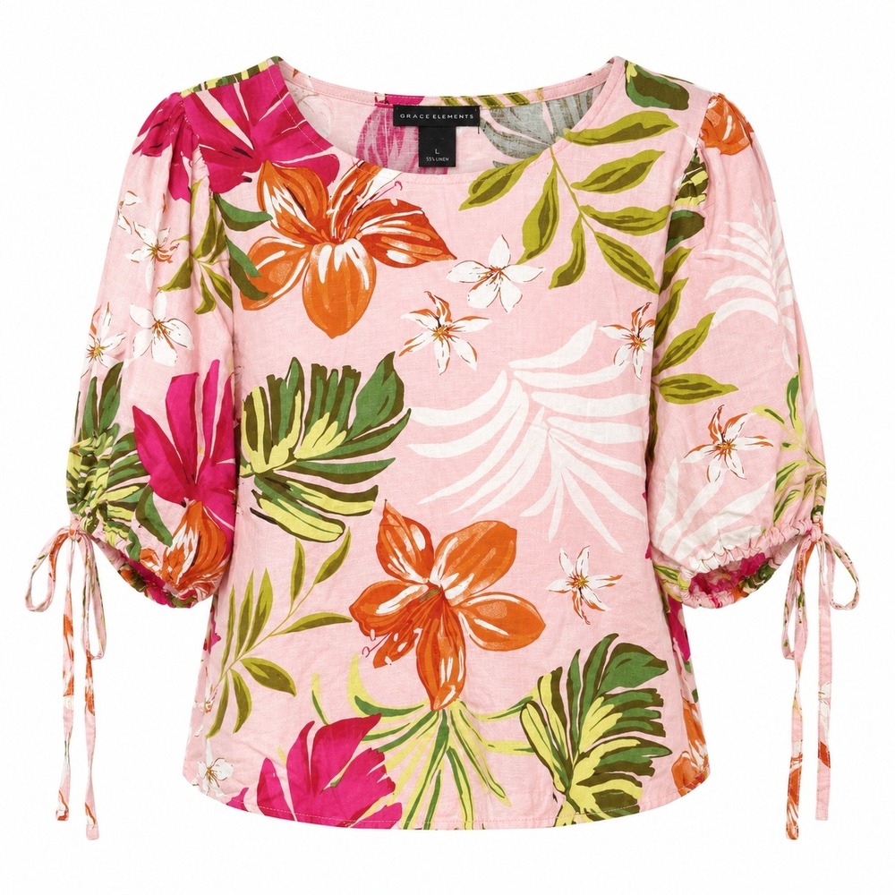 Grace Elements Tropical Beachy Boho Top Women Large Hibiscus Floral Linen Blend